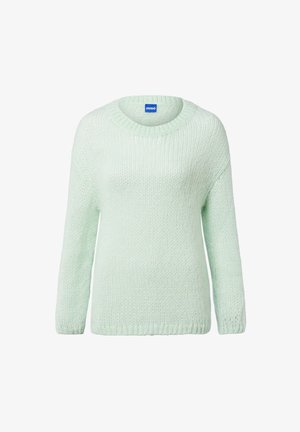 Lichtgroene trui met een ronde hals en lange mouwen, gemaakt van een gestructureerde breipatroon, met een relaxed fit en een geribbelde zoom.
