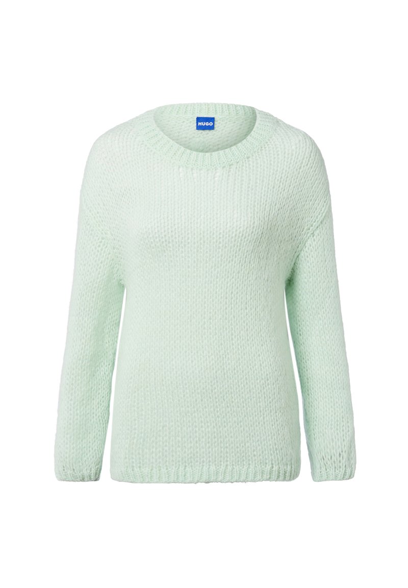 Hellgrüner Pullover mit Rundhalsausschnitt und langen Ärmeln, aus strukturiertem Strickstoff, mit lockerer Passform und geripptem Saum.