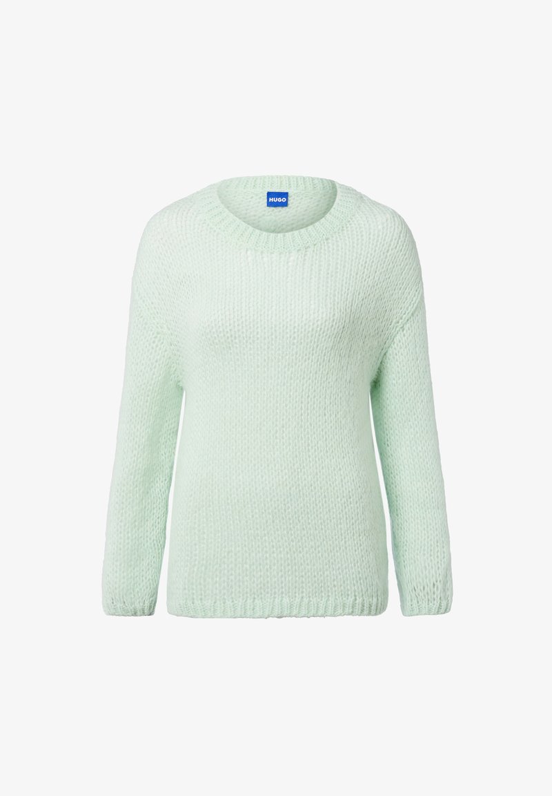 Hellgrüner Pullover mit Rundhalsausschnitt und langen Ärmeln, aus strukturiertem Strickstoff, mit lockerer Passform und geripptem Saum.