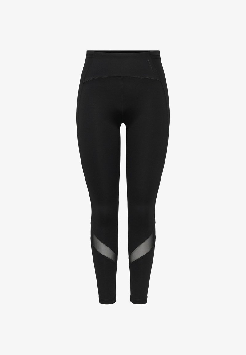 Leggings deportivos negros con un diseño de cintura alta, que cuentan con acentos de panel de malla y una tela suave y elástica para mayor comodidad y flexibilidad.