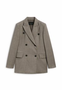 Blazer gris croisé avec boutons noirs, revers crantés, manches longues et deux poches avant à rabat.
