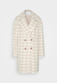 Dubbelt knäppt kappa i beige och vit hundtandsmönster, med en snibbkrage och två bruna knappar, i ett texturerat tyg.