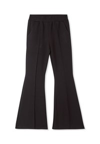 Pantaloni neri a campana con una vita elastica, due tasche laterali e una texture liscia con una vestibilità su misura.