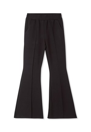 Pantaloni neri a campana con una vita elastica, due tasche laterali e una texture liscia con una vestibilità su misura.