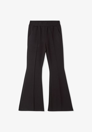 Pantaloni neri a campana con una vita elastica, due tasche laterali e una texture liscia con una vestibilità su misura.