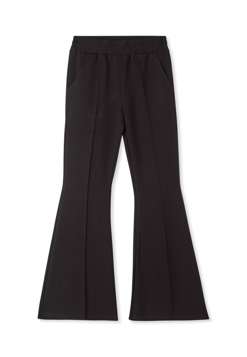 Pantaloni neri a campana con una vita elastica, due tasche laterali e una texture liscia con una vestibilità su misura.
