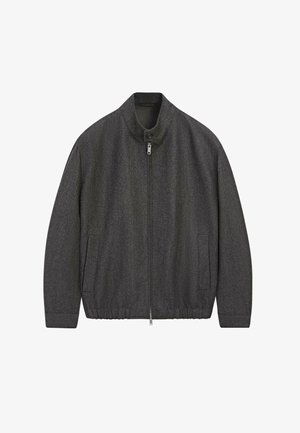 Gray, woven jacket with a high collar, zip front, and elastic waistband. Features two side pockets and a textured fabric finish.