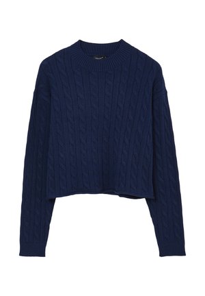 Dunkelblauer, kabelgestrickter Pullover mit geripptem Kragen und Bündchen, in verkürzter Silhouette und mit strukturiertem Strickmuster.
