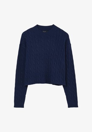 Pull en maille torsadée bleu marine avec un col et des poignets côtelés, présentant une silhouette courte et un motif de tricot texturé.