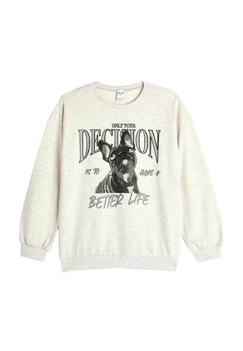 Lichtgrijze crewneck sweatshirt van zacht materiaal. Heeft een afbeelding van een Franse bulldog met de tekst "ENKELE JOUW BESLISSING IS OM EEN BETERE LEVEN TE HEBBEN."