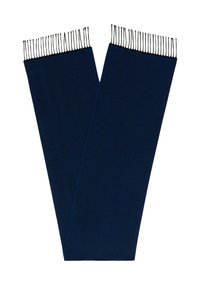 Granatowy szalik z miękkiego materiału, z fakturowanymi czarnymi frędzlami na brzegach. Płaski, wydłużony kształt umożliwiający różnorodne stylizacje.