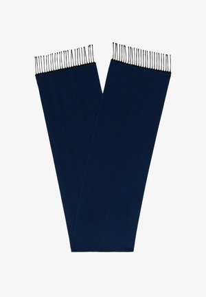 Granatowy szalik z miękkiego materiału, z fakturowanymi czarnymi frędzlami na brzegach. Płaski, wydłużony kształt umożliwiający różnorodne stylizacje.