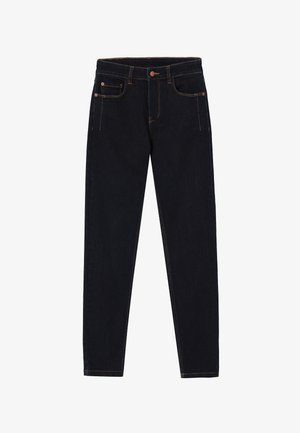 Dark blue denim jeans with a slim fit, featuring orange stitching, five pockets, and a button closure at the waist.