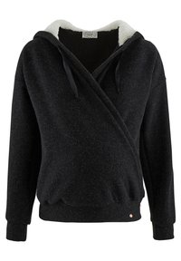 Zwarte fleece-gevoerde hoodie met een wikkelontwerp, verstelbare trekkoorden en ribgebreide manchetten. Heeft een zachte textuur en een klein logo-accent.