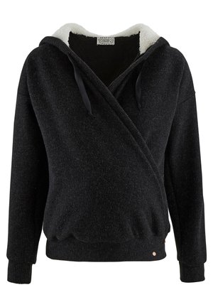 Schwarzer, fleecegefütterter Hoodie mit Wickeldesign, verstellbaren Kordeln und gerippten Bündchen. Hat eine weiche Textur und ein kleines Logo-Detail.
