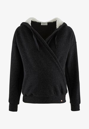 Zwarte fleece-gevoerde hoodie met een wikkelontwerp, verstelbare trekkoorden en ribgebreide manchetten. Heeft een zachte textuur en een klein logo-accent.