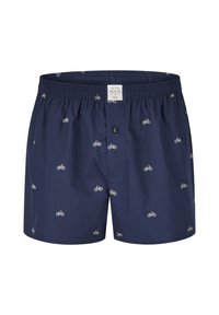 Marina bl å bomullsboxershorts med ett spritt cykeltryck. Elastisk midjeband med knappstängning; mjukt material och avslappnad passform.