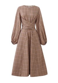 Langzaam-midi-jurk met geruit patroon in bruin en roze, strakke taille met wikkeldetail en geplooide manchetten.