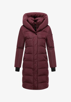 Cappotto imbottito color bordeaux con un ampio cappuccio pieghevole, caratterizzato da un design trapuntato, bottoni a pressione, maniche lunghe e polsini elastici.