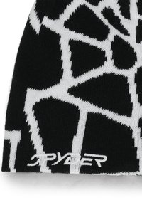 Cappello di lana a maglia in nero con un motivo geometrico bianco. Presenta un logo sul bordo. Texture morbida e design aderente.