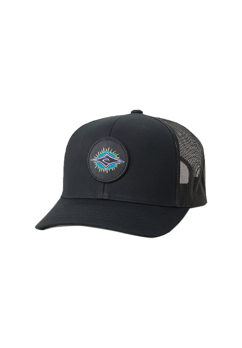 Black mesh trucker cap with curved brim and round patch showing a colorful stylized wave and sunburst design on front panel.