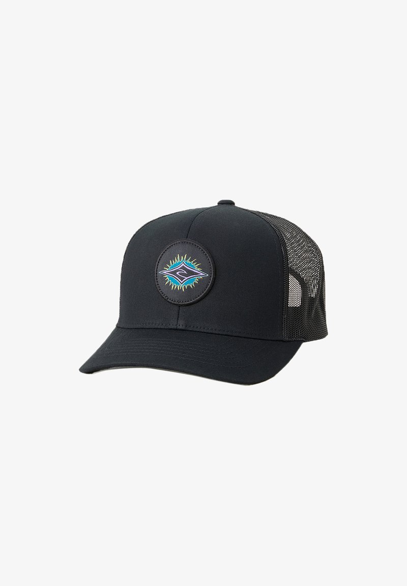 Black mesh trucker cap with curved brim and round patch showing a colorful stylized wave and sunburst design on front panel.