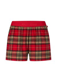 Rode geruite korte broek gemaakt van zacht stof, met een rode elastische tailleband met het logo "JOOP! JEANS". Bevat zwarte en beige ruitpatronen.