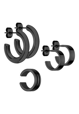 Ensemble de boucles d'oreilles noires comprenant deux paires de créoles épaisses et un passe oreille circulaire, le tout dans une finition brillante et élégante.