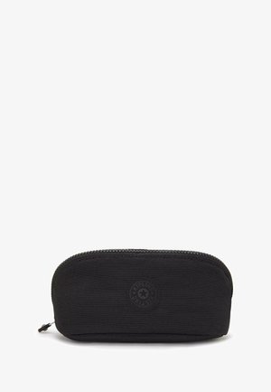 Black pencil case with rounded shape, textured fabric, zip closure, and embossed logo detail. Compact design suitable for stationery storage.