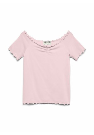 Lichtroze top met korte mouwen en gerimpelde randen bij de halslijn, mouwen en zoom, voorzien van een klein geplooid detail in het midden aan de voorkant.