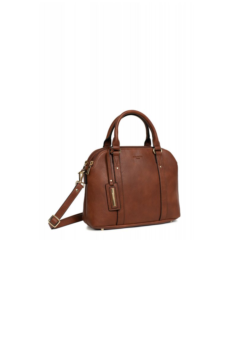 Borsa a mano in pelle marrone con design strutturato, doppio manico superiore, tracolla regolabile, accessori in tono oro e etichetta per i bagagli.