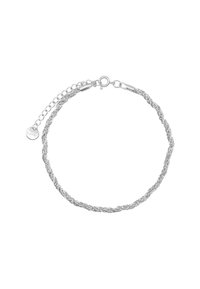 Bracciale in argento a catena attorcigliata con chiusura a moschettone e lunghezza regolabile. Presenta un piccolo ciondolo circolare vicino alla chiusura.