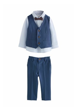 Children's formal outfit with blue vest, light blue long-sleeve shirt, brown patterned bow tie, and matching blue pants on white background.