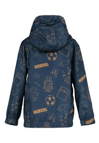 Navy blue jacket featuring an all-over gold line drawing pattern of school themes, including robots, globes, and sports. Includes a hood.