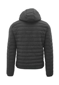 Giacca a vento nera con cappuccio e design trapuntato, caratterizzata da linee orizzontali e una superficie liscia. La vista posteriore mostra una silhouette aderente.