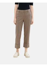 Pantalon à carreaux marron et beige, raccourci à la cheville avec un ourlet retroussé, conçu avec une texture lisse et des poches latérales.