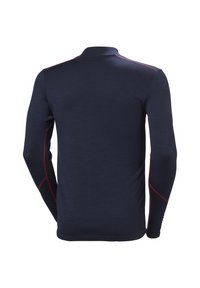 Lange mouw shirt in donker marineblauwe gebreide stof met contrasterende rode stiksels langs de schouders en zijkanten, met een neklijn.