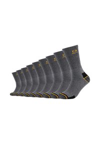Zehn Paar graue Baumwollsocken mit geripptem Muster, gelben Akzenten und schwarzen Fersen- und Zehenbereichen, in einer geraden Linie angeordnet.