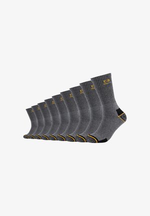 Zehn Paar graue Baumwollsocken mit geripptem Muster, gelben Akzenten und schwarzen Fersen- und Zehenbereichen, in einer geraden Linie angeordnet.