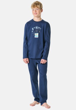 Laivastonsiniset pitkähihaiset pyjamat, joissa on graafinen kuvio paidassa. Pehmeää puuvillamateriaalia, rento istuvuus, yhteen sopivat housut, sileä pinta.