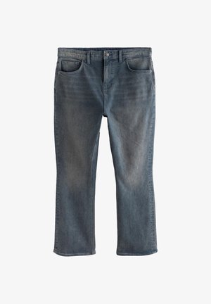 Tumehallid sirgete säärega teksapüksid ees taskute, vööaasade ja nööpidega, kuvatud lamedalt valgel taustal.