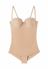 Huiskleur bodysuit met een gestructureerde, gevoerde buste, verstelbare bandjes en een drukknoopsluiting aan de onderkant. Soepele, rekbare stof.