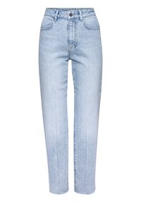Jeans de mezclilla azul claro con una cintura alta, diseño de pierna recta y dobladillo desgastado. Presentan un estilo clásico de cinco bolsillos y cierre de botón.