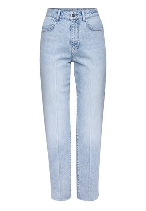 Jeans in denim azzurro chiaro con vita alta, design a gamba dritta e orlo sfrangiato. Presentano un classico stile a cinque tasche e chiusura con bottone.