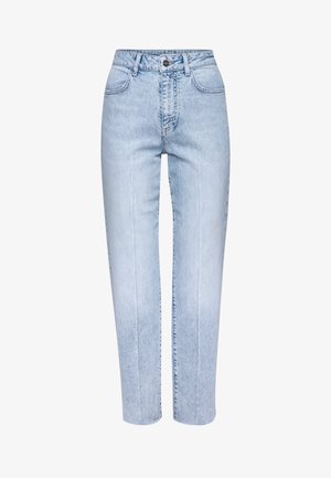 Lyseblå denimjeans med høj talje, lige bendesign og frynset kant. Har klassisk fem-lomme stil og knaplukning.