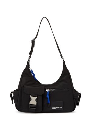 Black shoulder bag with adjustable strap, front flap pocket with silver buckle, zip pocket with blue pull, and "Karl Lagerfeld Jeans" logo.