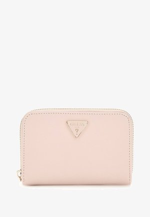 Pink textured wallet with a gold triangular logo and zipper closure. Smooth surface, rectangular shape, compact design.