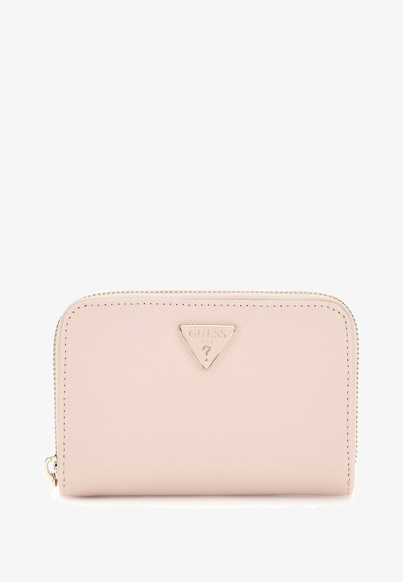 Pink textured wallet with a gold triangular logo and zipper closure. Smooth surface, rectangular shape, compact design.