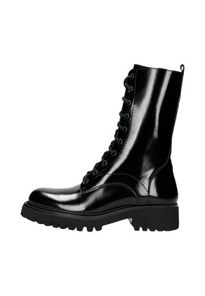 Black leather lace-up boot with a high shaft, glossy finish, rugged sole, and prominent stitching detail. Features a back pull tab.