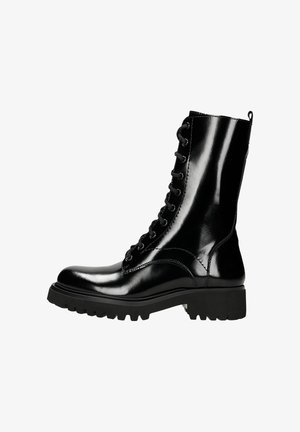 Black leather lace-up boot with a high shaft, glossy finish, rugged sole, and prominent stitching detail. Features a back pull tab.